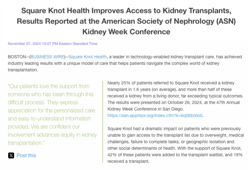 Square Knot Health Improves Access to Kidney Transplants, Results Reported at the American Society of Nephrology (ASN) Kidney Week Conference
